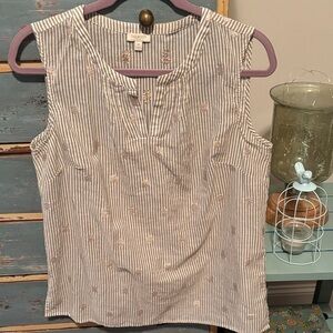 Talbots Embroidered Striped Blouse - Cream and Brown. Sz Med